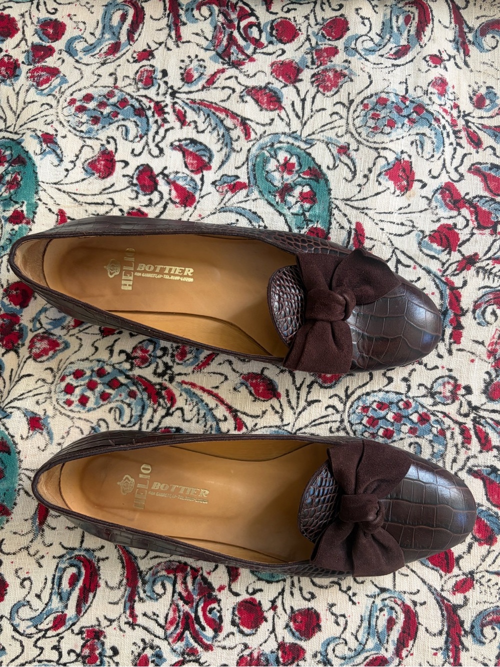 Dark Brown Croc-Embossed Leather Loafers with Bow, Size 37.5, Made in Portugal